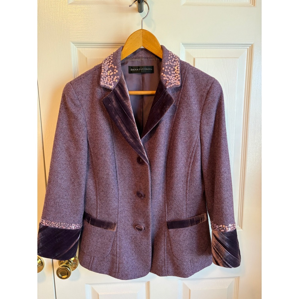 Dana Buchman Purple Wool Herringbone Blazer Sequin Velvet Trim Size 12